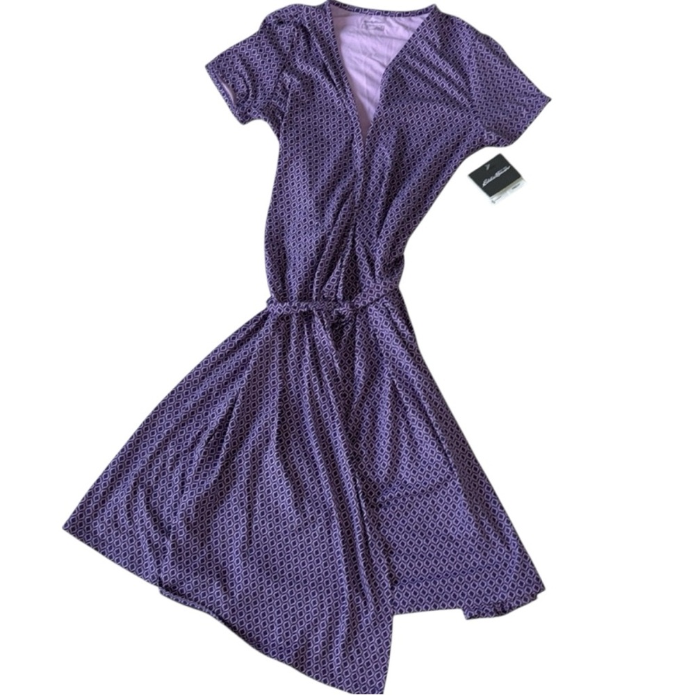 Womens Eddie Bauer True Wrap Dress Purple and Pink Knee Length SZ Large - Tall - Picture 2 of 6
